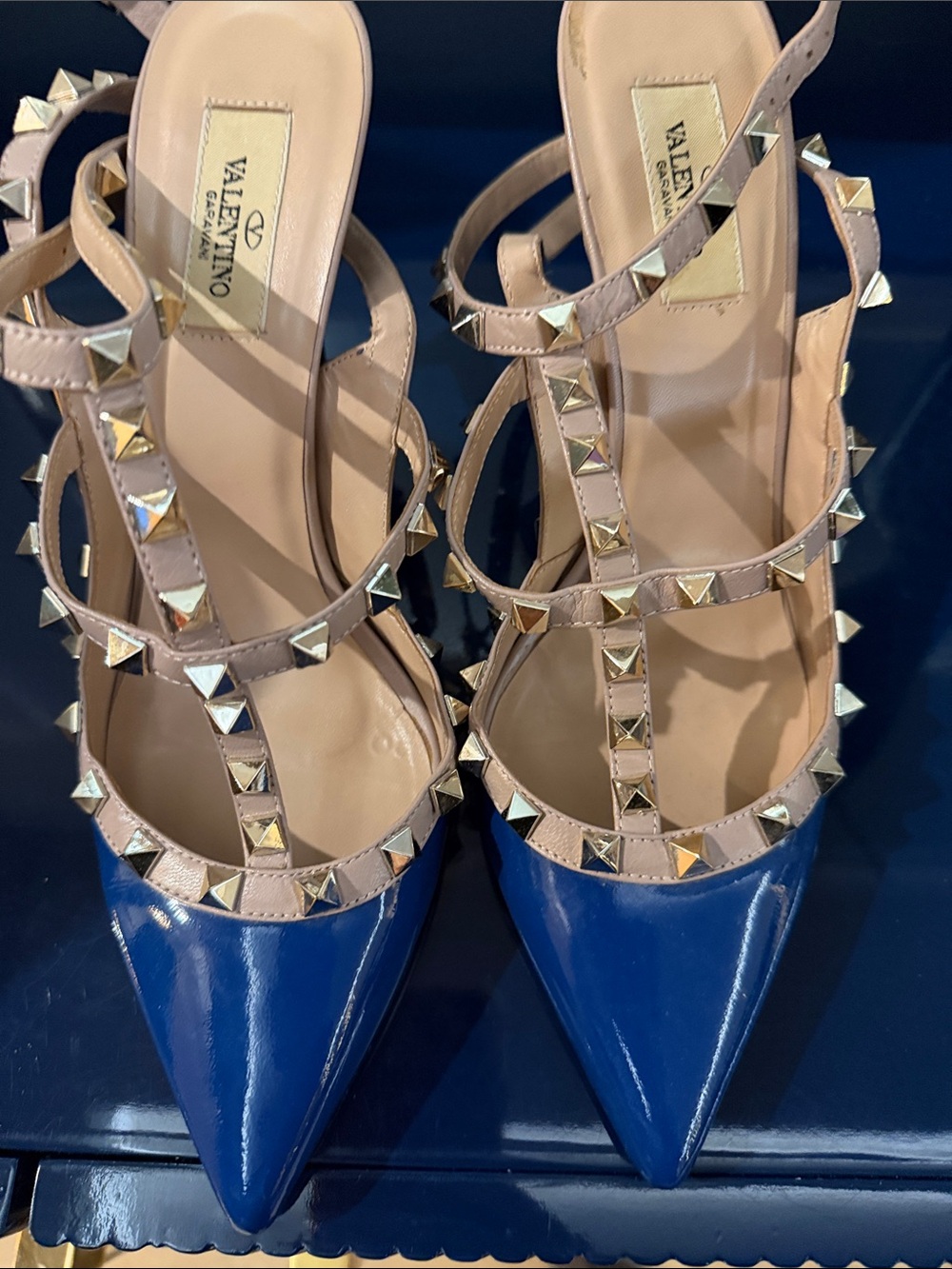 Valentino Rockstud Blue Pointed-Toe T-Strap Pumps
